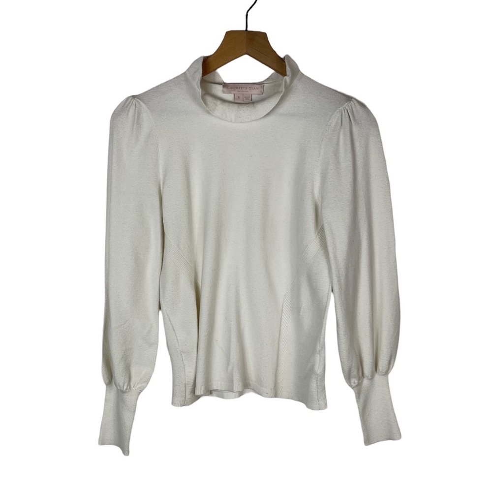 Gal Meets Glam Off White Ruffle High Neck Balloon Sleeve Sweater Small